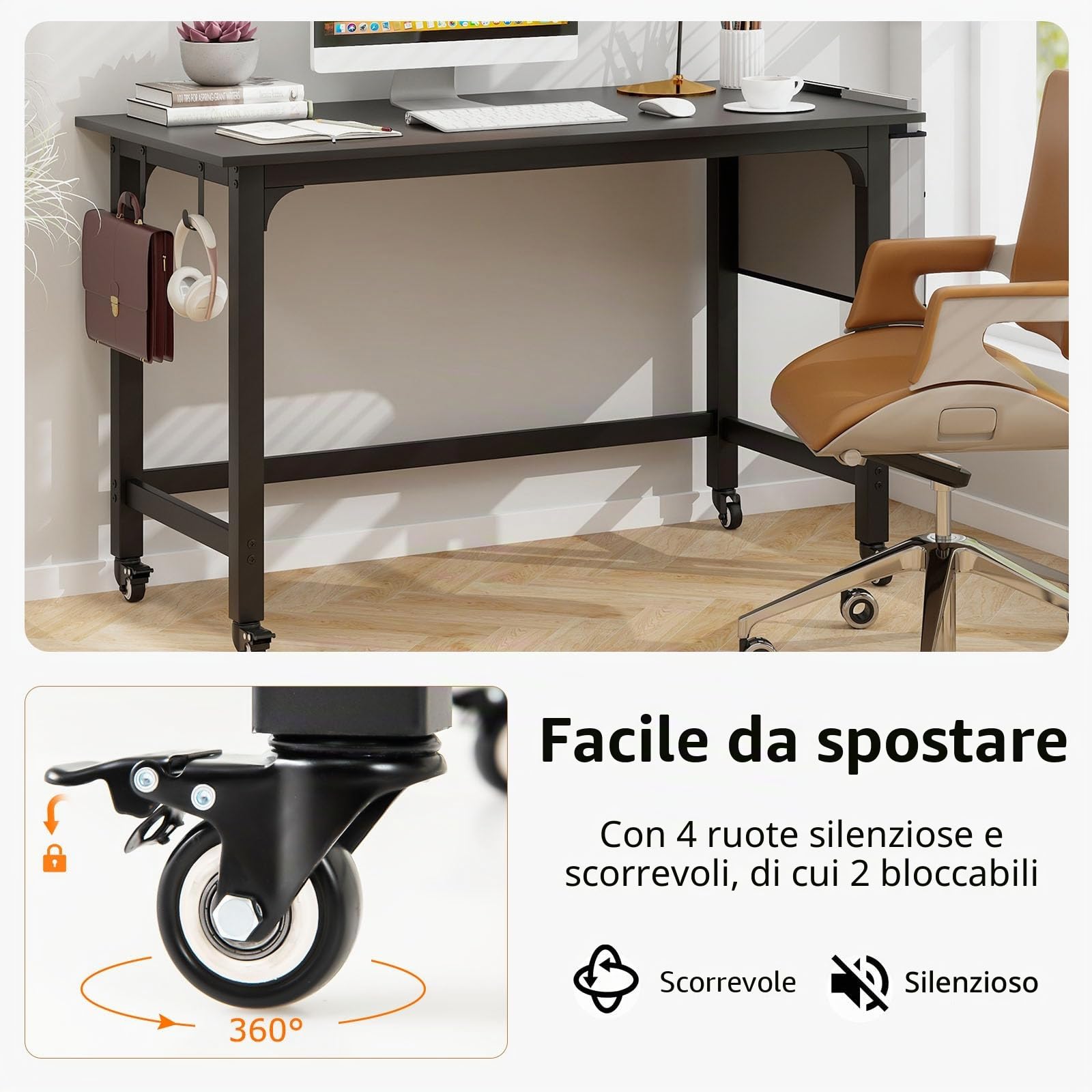 LIFEZEAL Scrivania su rotelle, scrivania per computer con telaio in metallo, tavolo per laptop con gancio e tasca laterale, tavolo da lavoro per camera da letto, studio, 120 x 60 cm (nero)