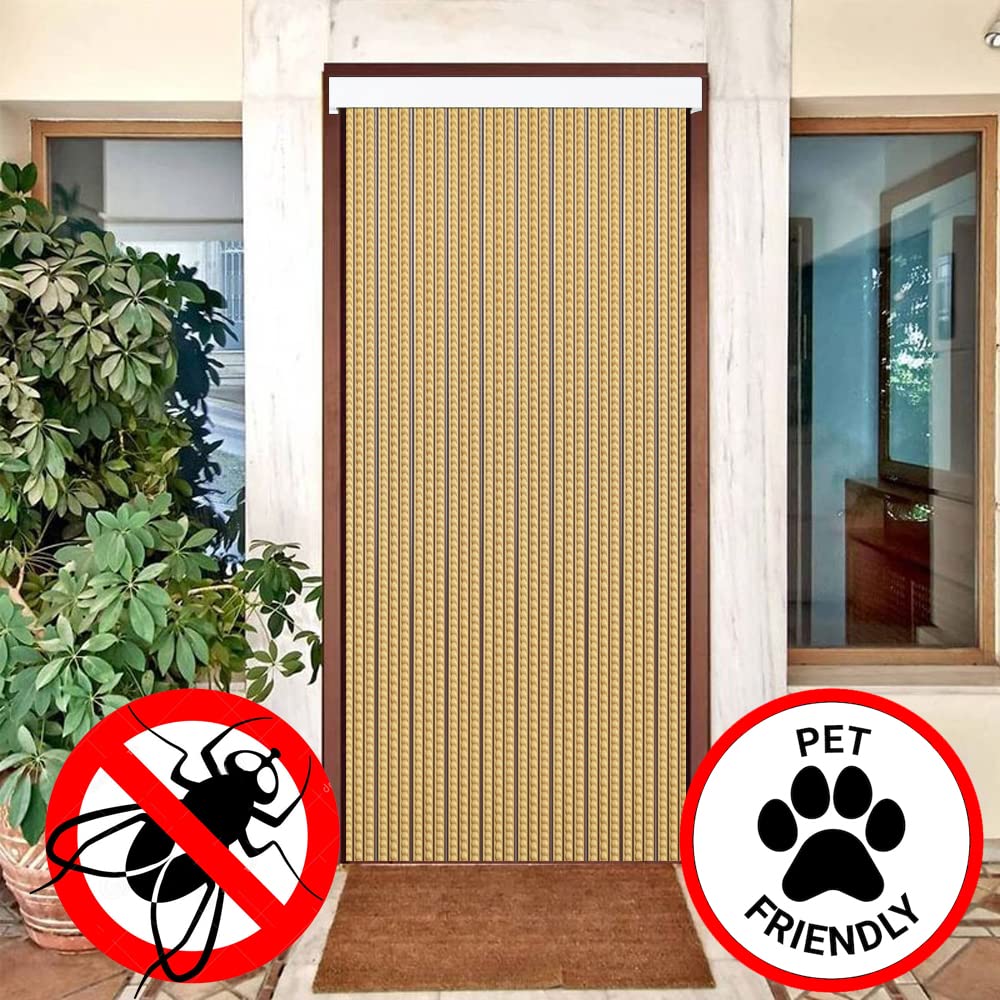 Tende spaghetti anti insetti | Tenda a fili di plastica in PVC ed asta in alluminio | Perfetta per porte esterne ed interne | Beige-marrone | 210 * 120