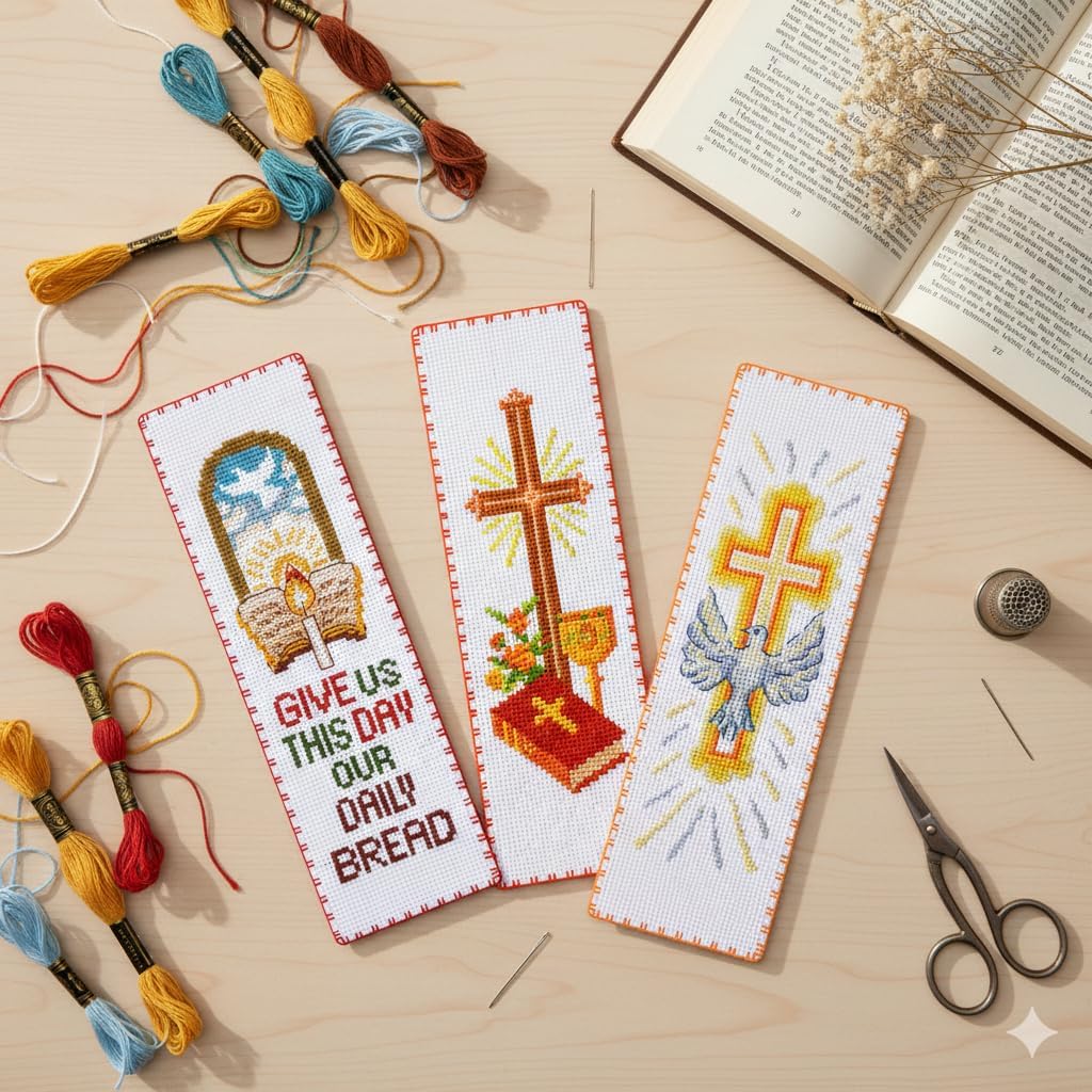 Povitrulya 'Holy Spirit' Counted Cross Stitch Bookmark Kit - DIY Embroidery Set for Adults with Paper Pattern, 16-Count Aida Canvas and Presorted Floss; Baptism, Christian, Bible Handmade Gift