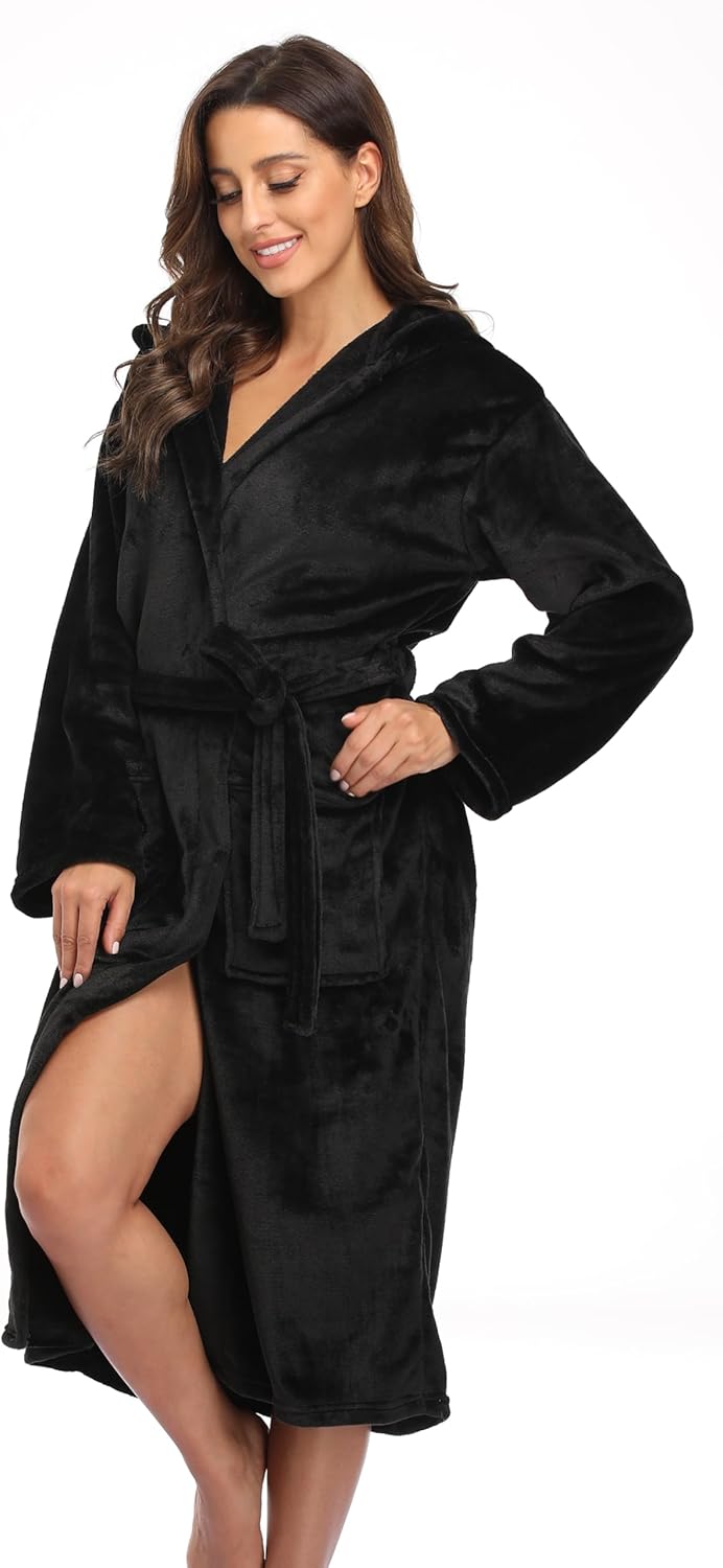 Womens Hooded Plush Bathrobe Warm Fleece Soft Long Robe Fuzzy Full Length Gown Shower Spa House Kimono for Women - Image 5