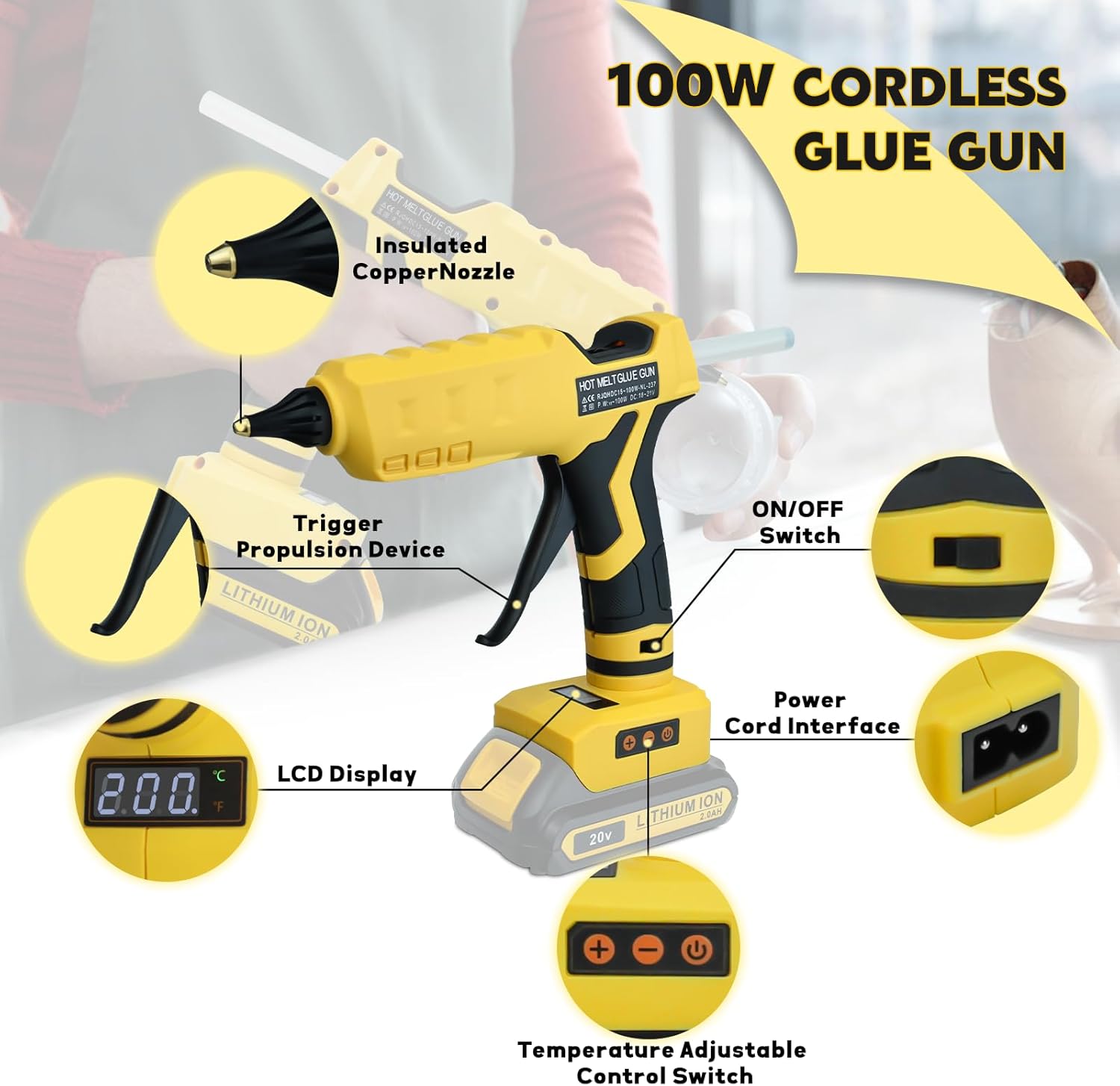 Cordless Glue Gun, for DeWalt Dual-Power Hot Glue Gun, Fast Heating 100°C-200°C Temp Adjust LCD Digital Display with Plug, 10Pcs 11mm Full Size Glue Sticks for Arts&Crafts&DIY(Tool Only)