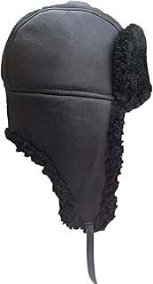 Unisex Sheepskin Trapper Hat Russian Ushanka Aviator Fur hat Winter Bomber hat (Medium, Solid Black)