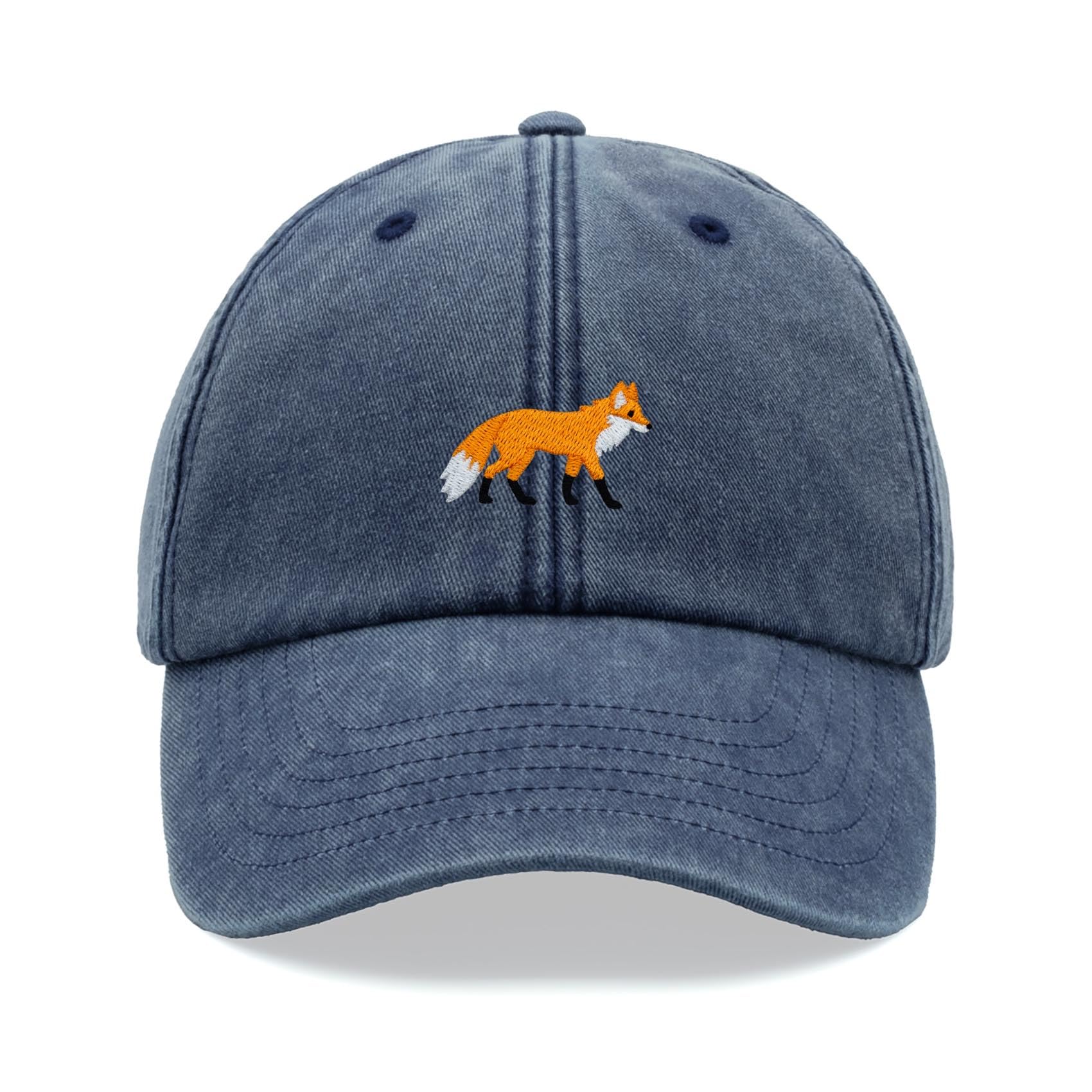 Fox Baseball Cap Vintage Washed Unisex Dad Hat Adjustable Blue Denim