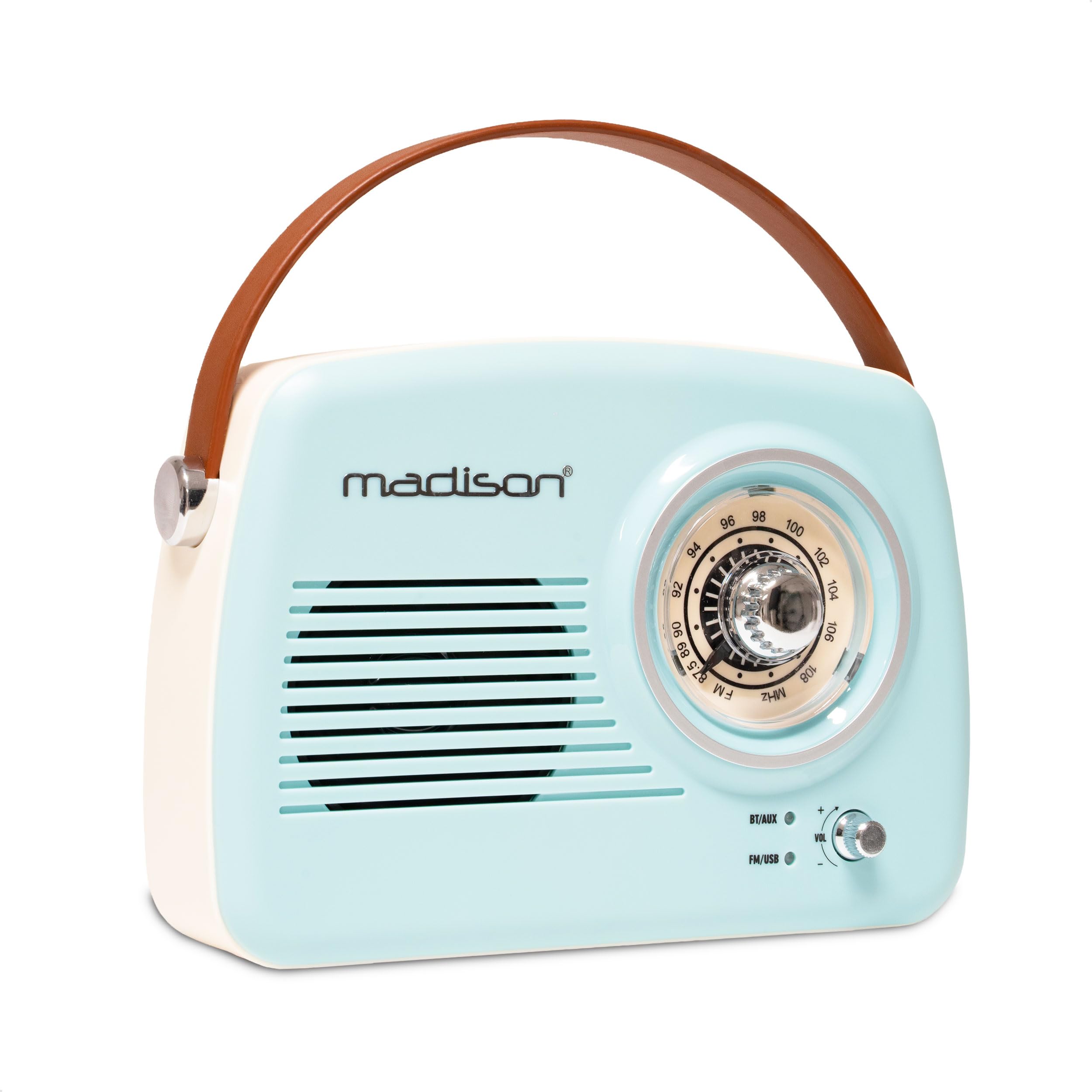 Madison FREESOUND-VR30 Radio FM Bluetooth vintage de 30 W – Batería recargable USB-C – Entradas USB y AUX – Subwoofer – Gran autonomía – Diseño retro portátil