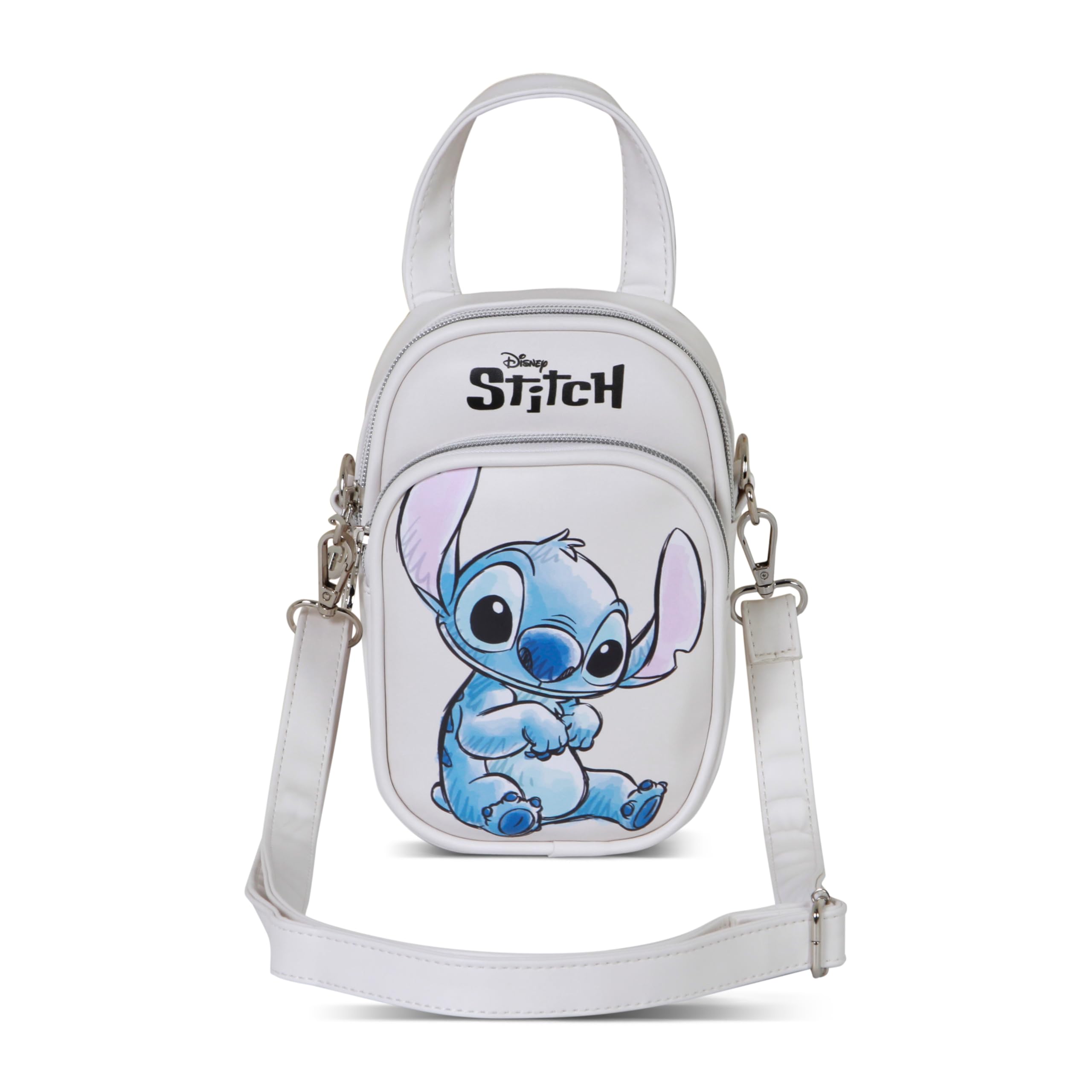 Disney Stitch mini torba na ramię z podwójną kieszenią - mała torebka damska 20 x 15 x 7 cm - kompaktowa beżowa konstrukcja z regulowanym paskiem i zamkami błyskawicznymi