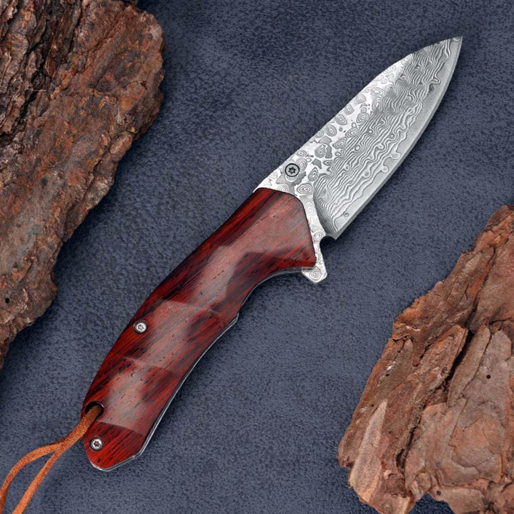 Klappmesser 6.9" Damast Taschenmesser Klein aus damaststahl, Sandelholz, Damaszener edelstahl, EDC Outdoor Messer, Survival Jagdmesser Scharfe Einhandmesser,Damascus neck knife tanto mit leder holster