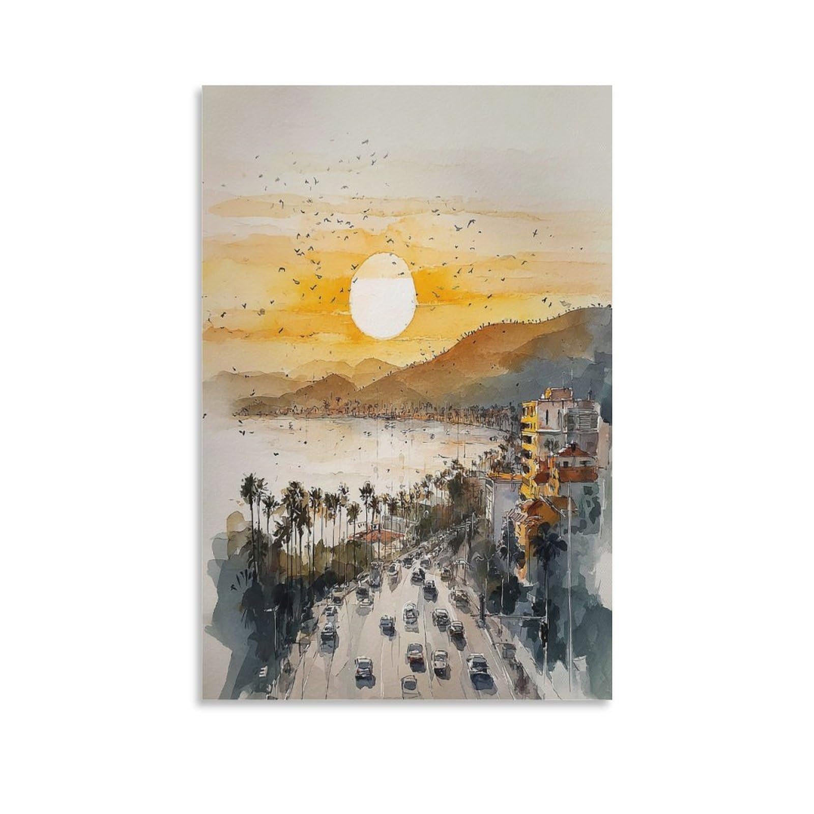 Cnaheiz Unframe-Style Santa Monica Watercolor Painting California Coastal 20X30inch(50X75cm) Vintage Watercolor Canvas Art