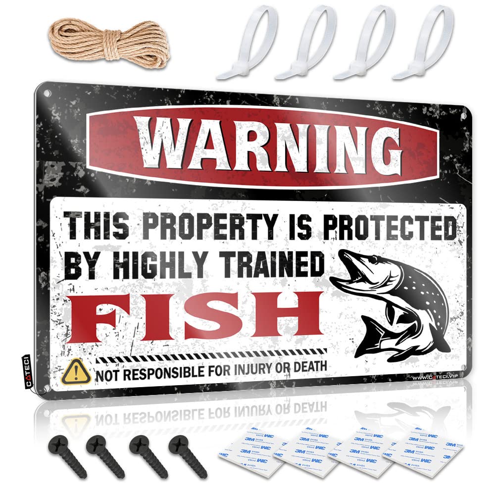 BRUNTELO Home Decor Men Warning This Property Is Protected By A Highly Trained Fish Tin Sign Room Signs For Bedroom Backyard Bar Sign(20X30CM)