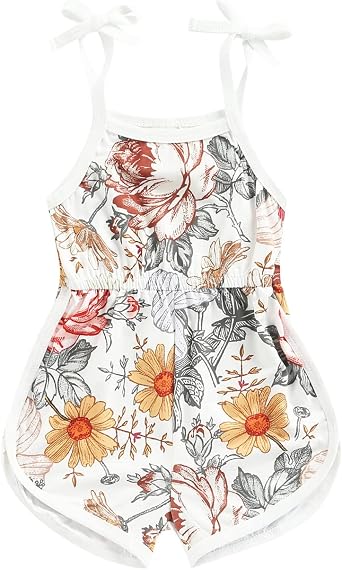 MAYUMMPY Toddler Baby Girl Summer Clothes Jumpsuit Cartoon Flower Sleeveless Sling Tie-Up Shorts Ribbed Overalls Romper