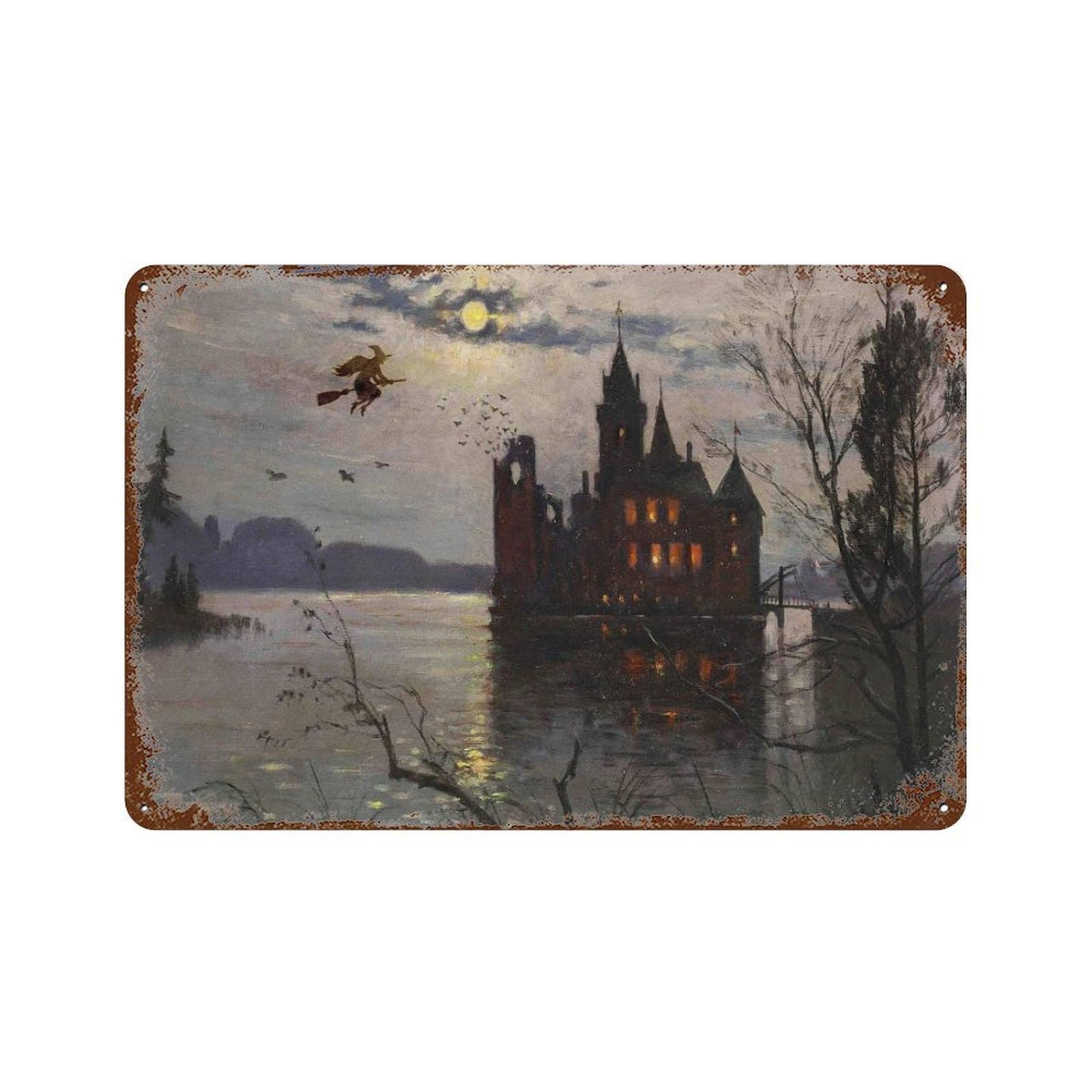 xiaoxiaoshen Witch-themed Halloween Artwork - Vintage Castle Wall Decor Art Metal Tin Poster Modern Home Decor Art Home Bar Shop Decorations Vintage Sign 20x30cm