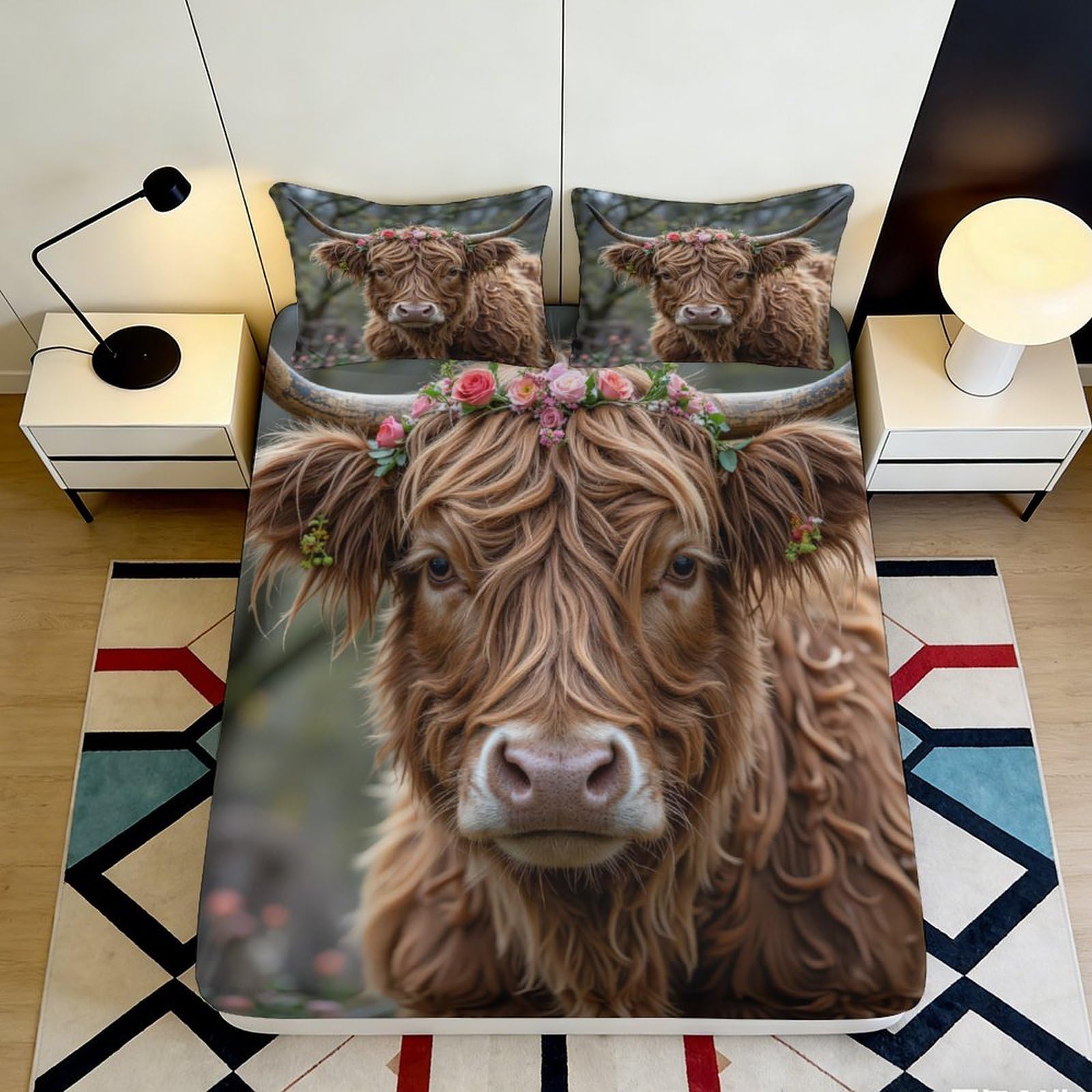3D Printed Highland Cow Fitted Sheet Microfiber Soft Breathable Floral Crown Bed Cover for Bedroom Dormitory Guest Room Mattress Protection Decor 160x200x25cm