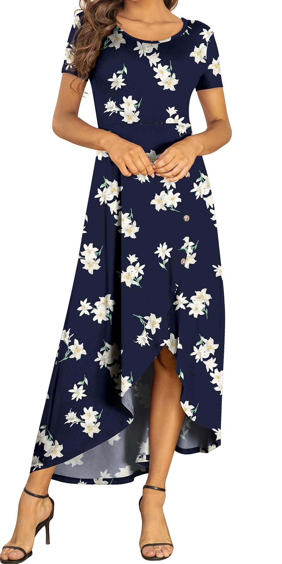 AYIFUWomens Summer Dresses High Low Slit Hem Casual Short Sleeve Maxi Dress with Buttons