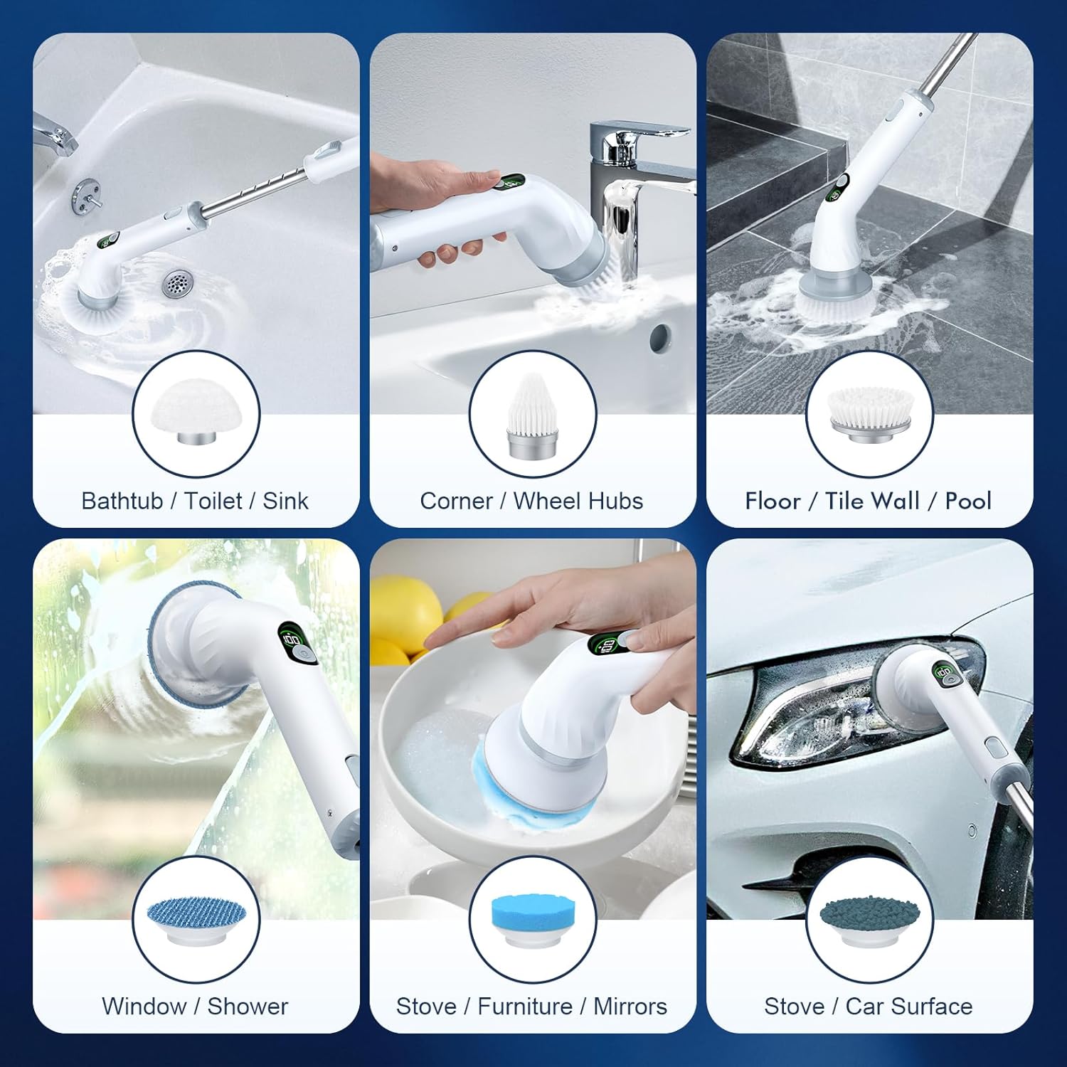 Collage showing different brush heads and their recommended uses for various surfaces like bathtub, sink, floor, window, stove, and car