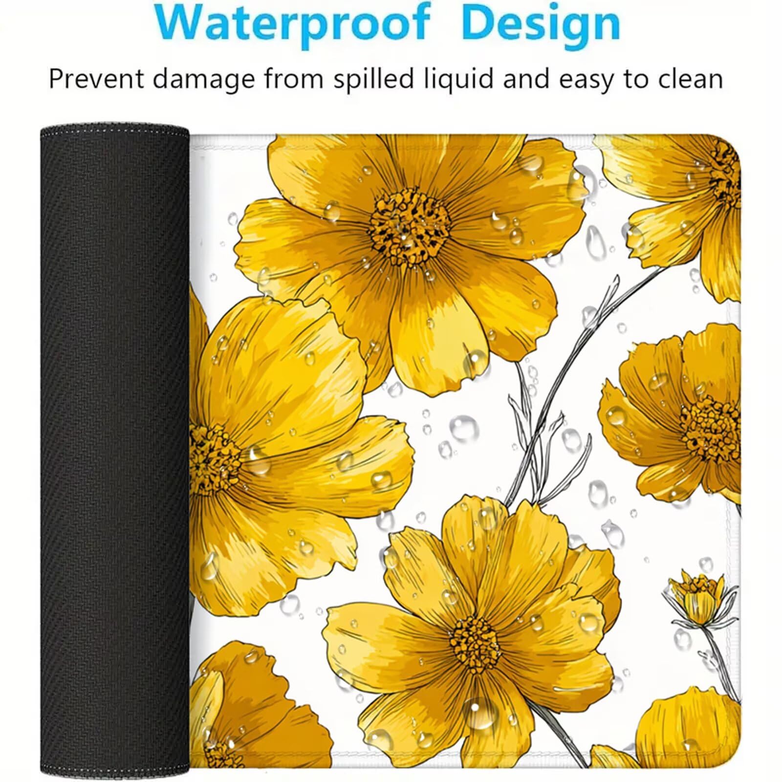 Żółta podkładka pod mysz XXL 1200 x 600 mm, duża antypoślizgowa podkładka pod mysz do gier, akcesoria biurowe, wodoodporna podkładka pod mysz z zamykaną krawędzią, do biura, domu i pokoju zabaw (kwiat