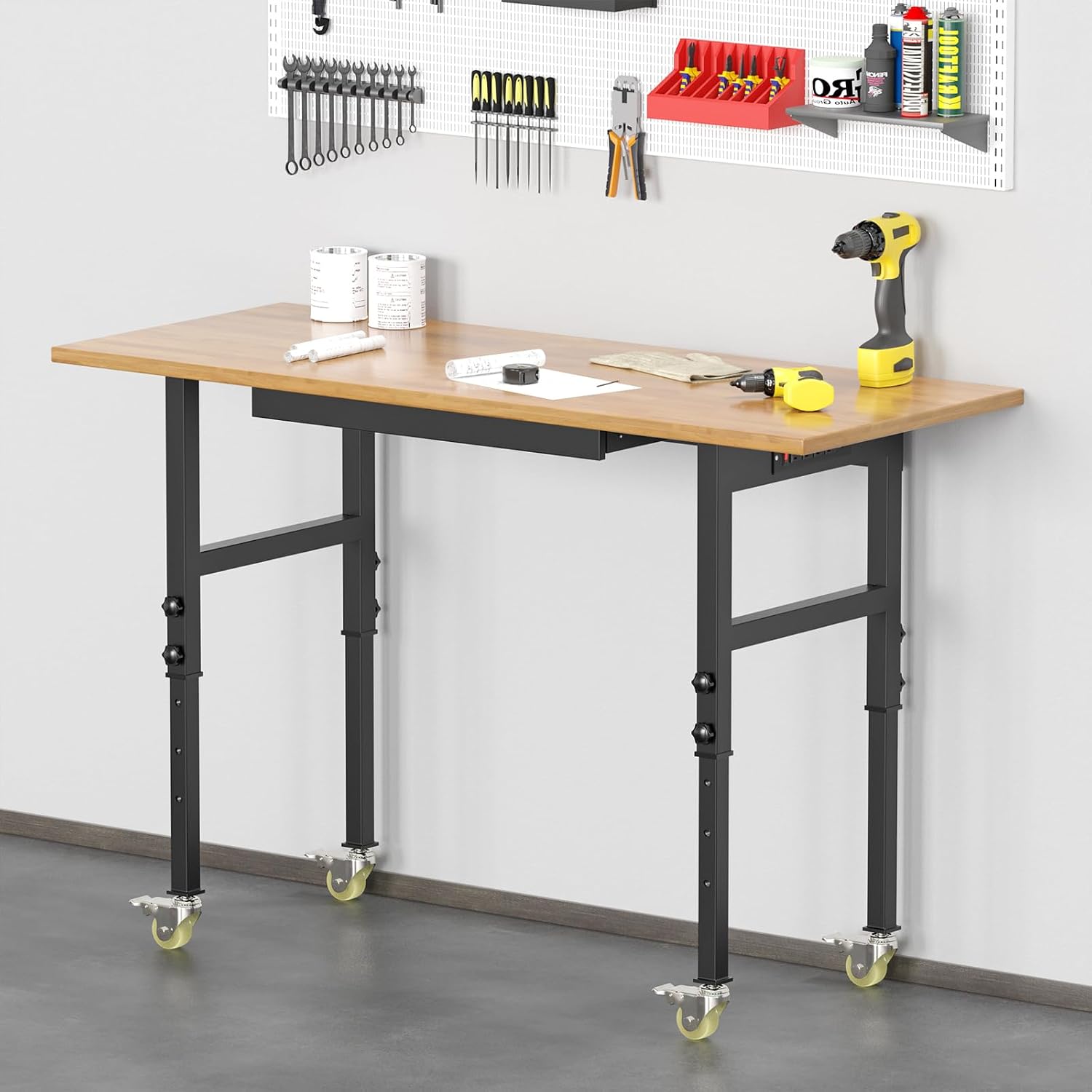 60" Adjustable Heavy Duty Work Bench with Drawers, Rubber Wood Top Workbench, Rolling Worktable with Power Outlet and Wheels, 2200 Lbs Capacity Hardwood Workstation for Garage, Workshop, Office, Home