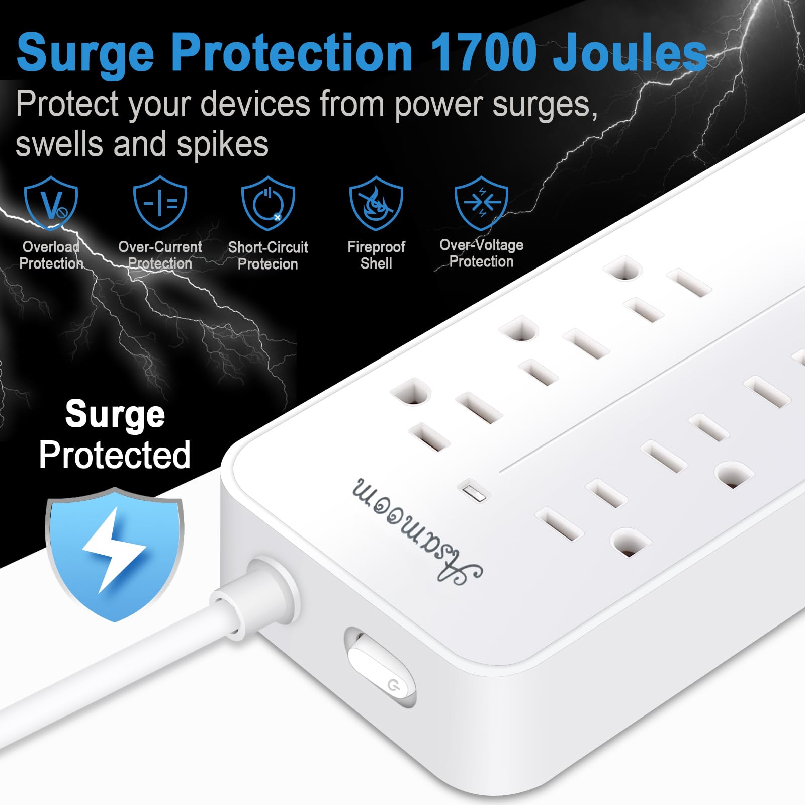 Asamoom Steckdosenleiste mit USB-C, Flacher Stecker, Steckdosenleiste mit langem Kabel, 8 Ausgängen und 3 USB- und 1 USB-C-Anschluss, Wandhalterung, Schreibtisch-Steckdosenleiste