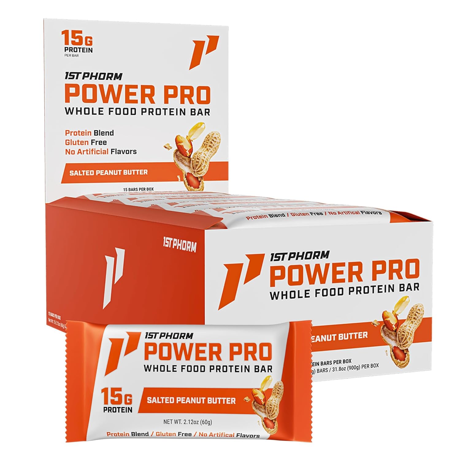 1st Phorm Power Pro Protein Bars, Peanut Butter Chocolate Chip Flavor, 15G Whole Food Protein, Gluten Free, Snack Bars for on the Go or Pantry Snacks, Made Without Artificial Flavors, 15 Count