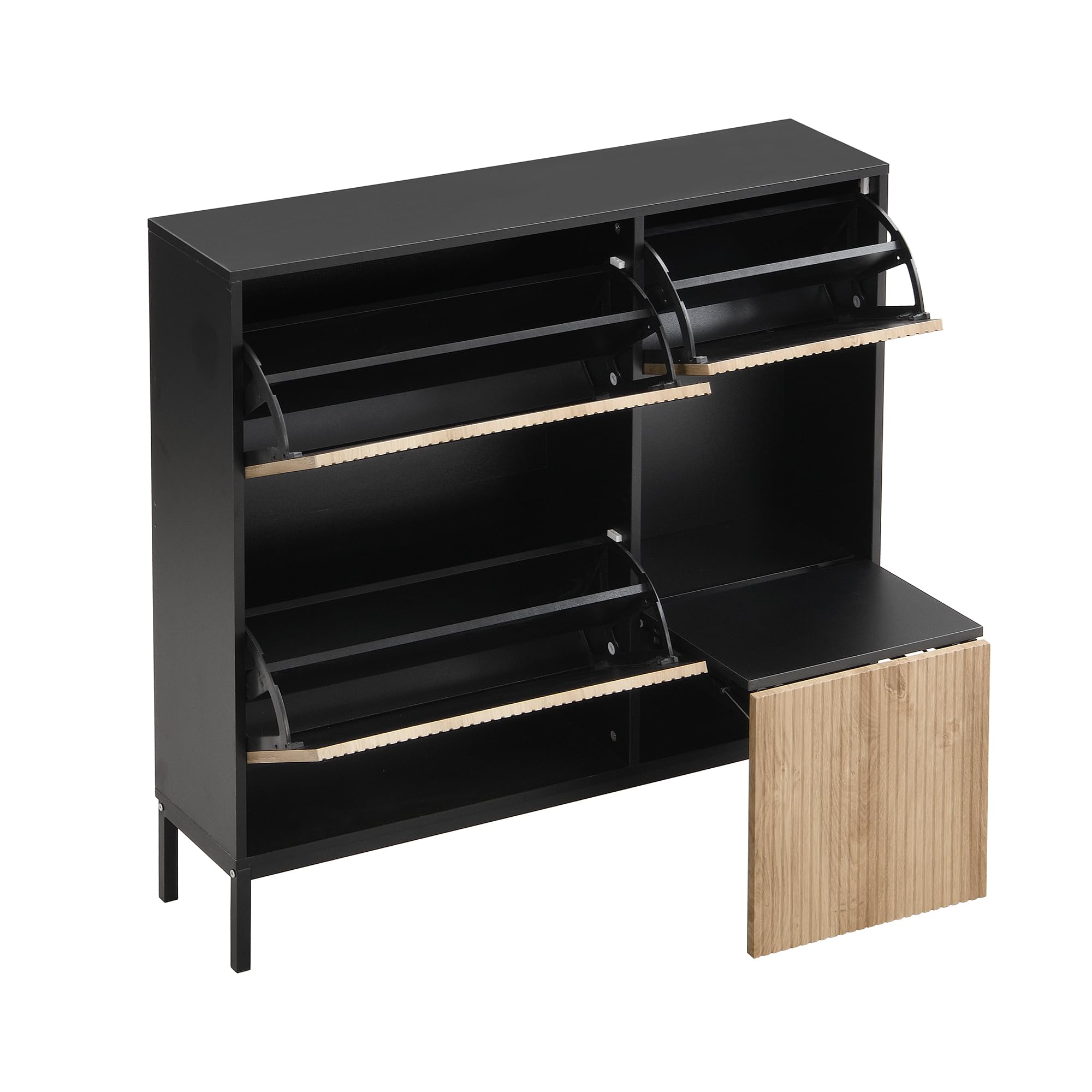 Szafka na buty z taboretem do wymiany butów, 100 x 100 x 25 cm, czarna i naturalna, MDF, 3 klapy, otwarta półka, na 12-16 par butów, do przedpokoju i sypialni