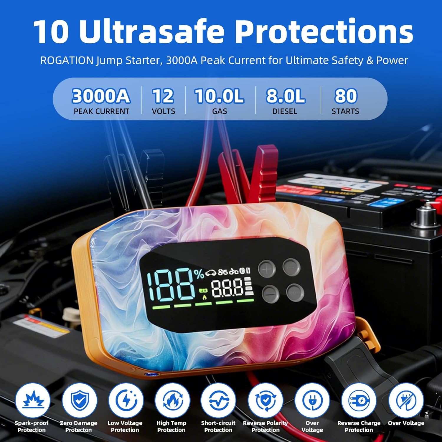 2000A Jump Starter with Air Compressor, Portable Car Battery Jump Starter, 12V Booster for Gas/Diesel Engines, 150PSI Tire Inflator 10000ma/h 33W Bidirectional fast Charging Power Bank-Orange