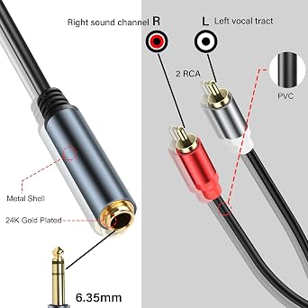 6.35mm to 2 RCA Cable 1/4 Inch TRS Mono Female to 2 RCA Male Audio Cable 1/4 Inch TRS Jack to 2 RCA Audio Y Splitter Cable Dual RCA to 6.35mm Adapter Stereo Cable 5.9FT