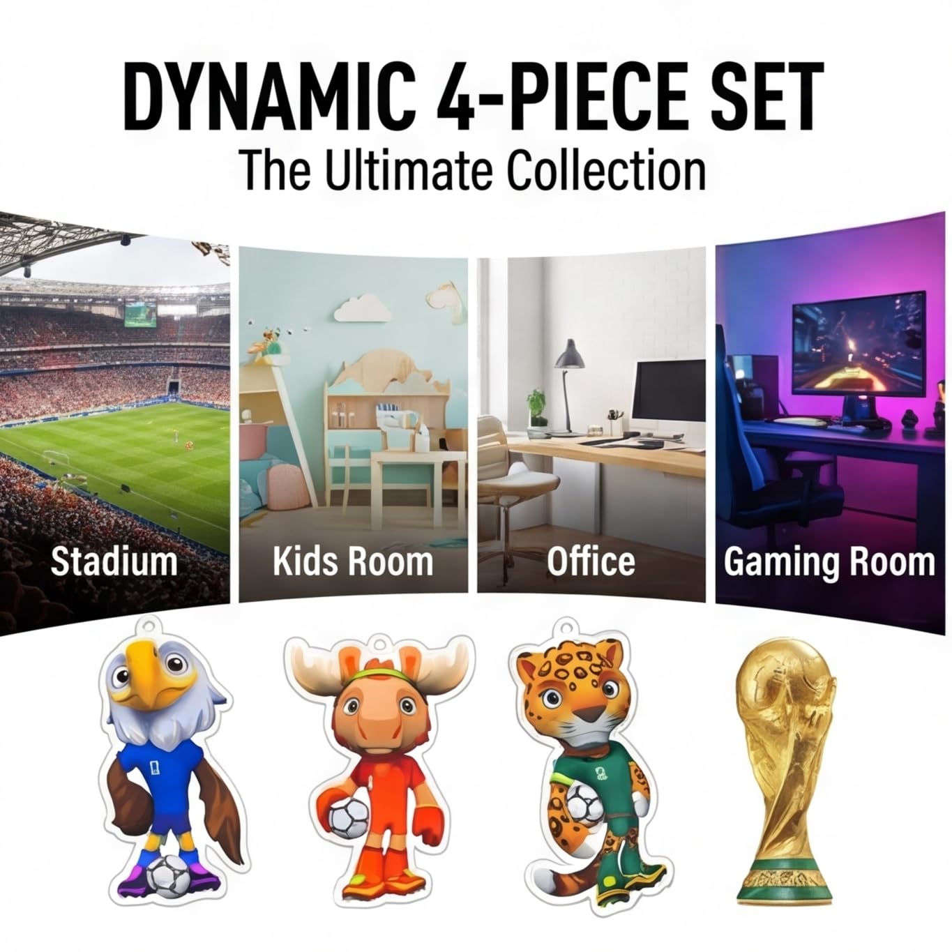 World Cup Mascot Acrylic Figurine Set – 4-Pack with Eagle, Moose, Jaguar & Trophy | Double-Sided Printed Standee for Desk, Shelf or DIY Decoration — view 2