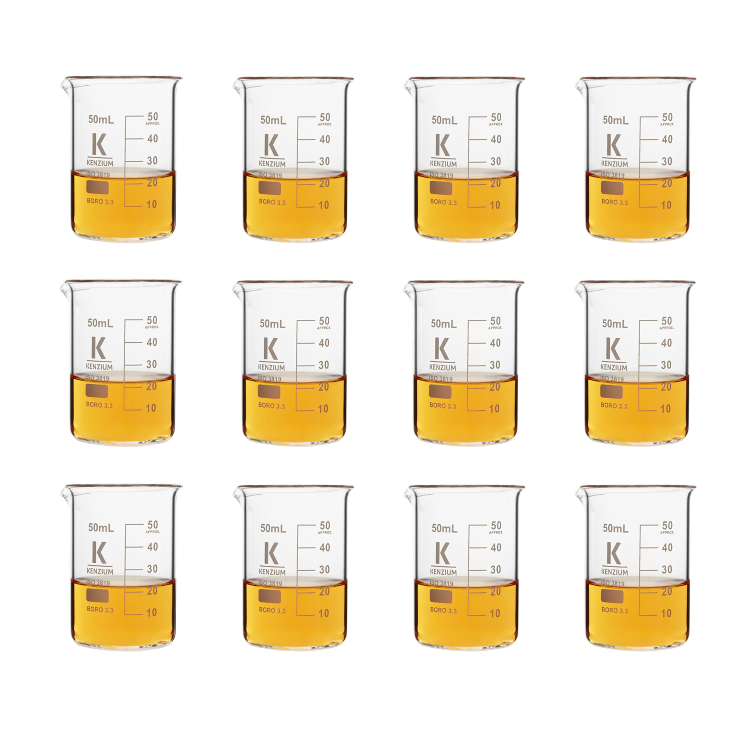 Confezione da 12 x bechers | Volume: 50 ml | Vetro borosilicato 3.3 | Forma bassa | Graduato con Beccuccio per tutti i tipi di campioni | Alta Resistenza, Autoclavabile
