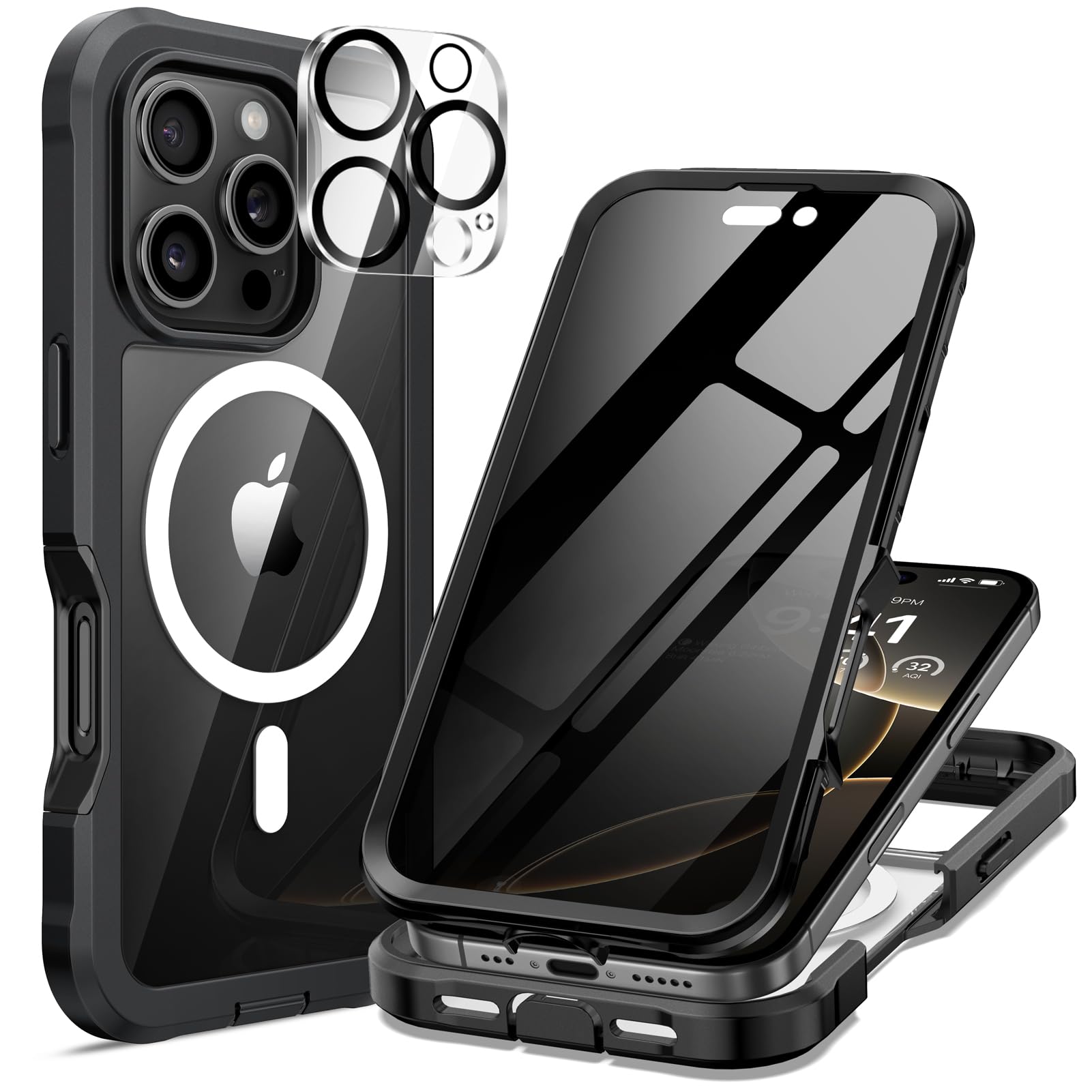 seacosmo for iPhone 16 Pro Case, Full Body Bumper with Built-in 9H Tempered Glass Privacy Screen Protector and Camera Lens Protector, Compatible with MagSafe, Shockproof Phone Cover, 6.3", Black
