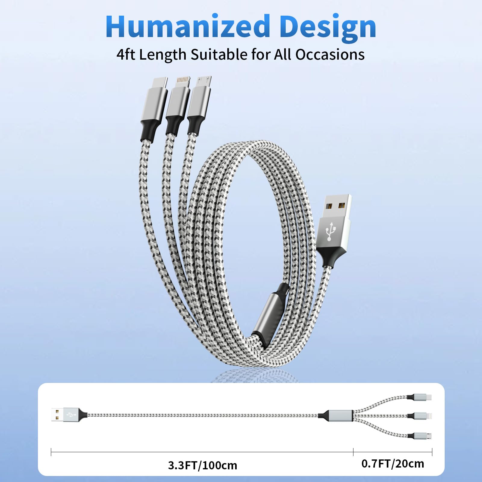 Multi-Ladekabel, 2 Stück, 1,2 m, Multi-USB-Ladekabel, 3-in-1-Ladekabel, Nylon, geflochtenes Schnellladekabel mit Typ-C, Micro-USB, Lightning, IP-Port für die meisten Handys/iPads/iPhones/Tablets