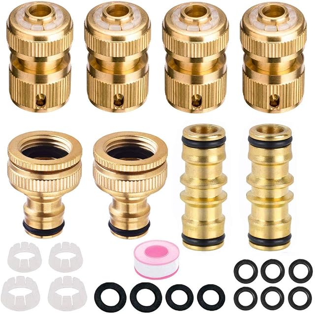 Abimars 8 Pack Brass Garden Hose Tap Connector Kit for Join Garden Hose Pipe Tube, 2 Double Male Connector,4 Hose 1/2" End Quick Connect,2 Hose Tap Connector