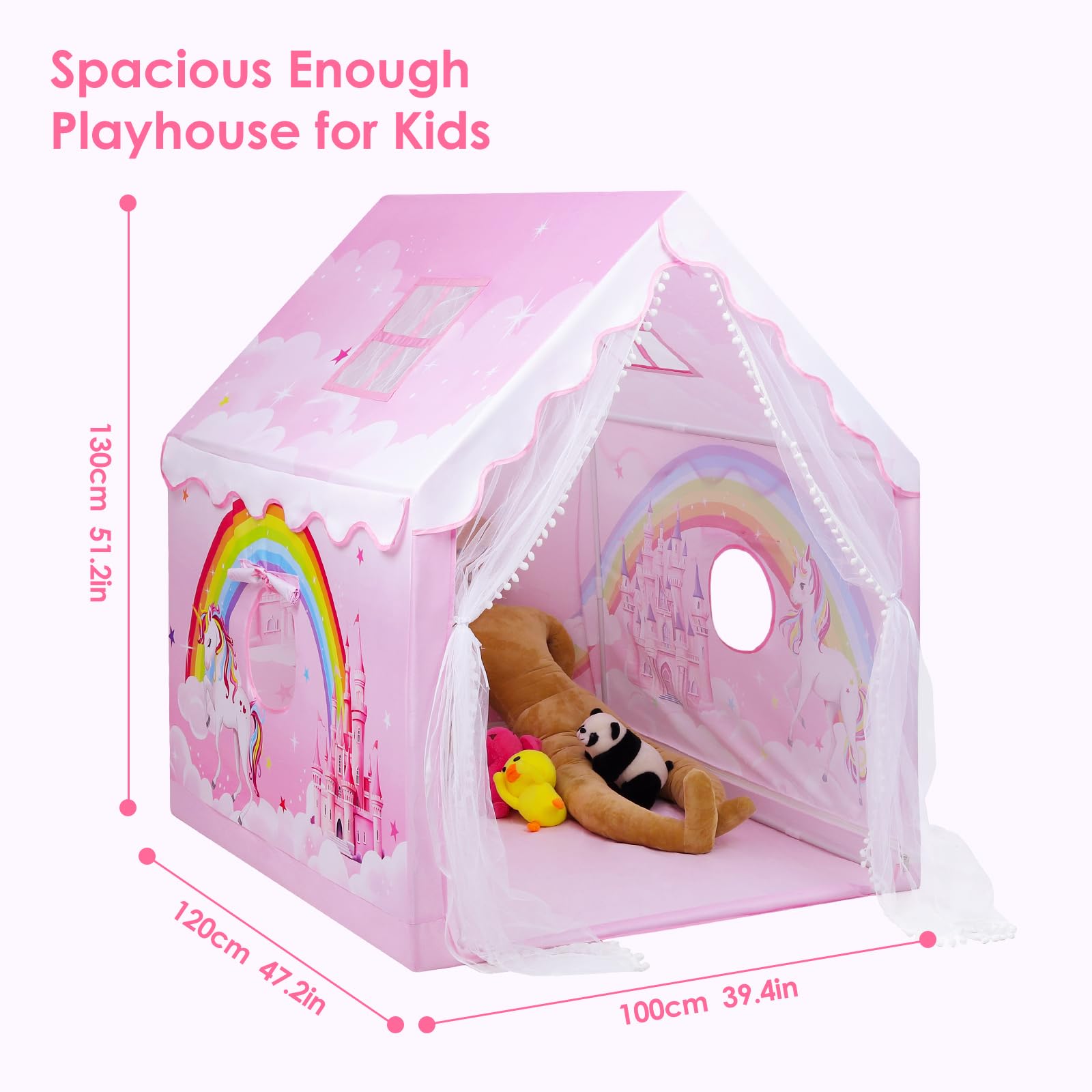 Tente de Jeu Enfants Château de Princesse pour Filles, Cabane Enfant Interieure avec Fenêtres et Sac de Transport, Tente Enfant Interieur et Extérieur, Cadeau d'anniversaire 120×100×130 cm, Licorne