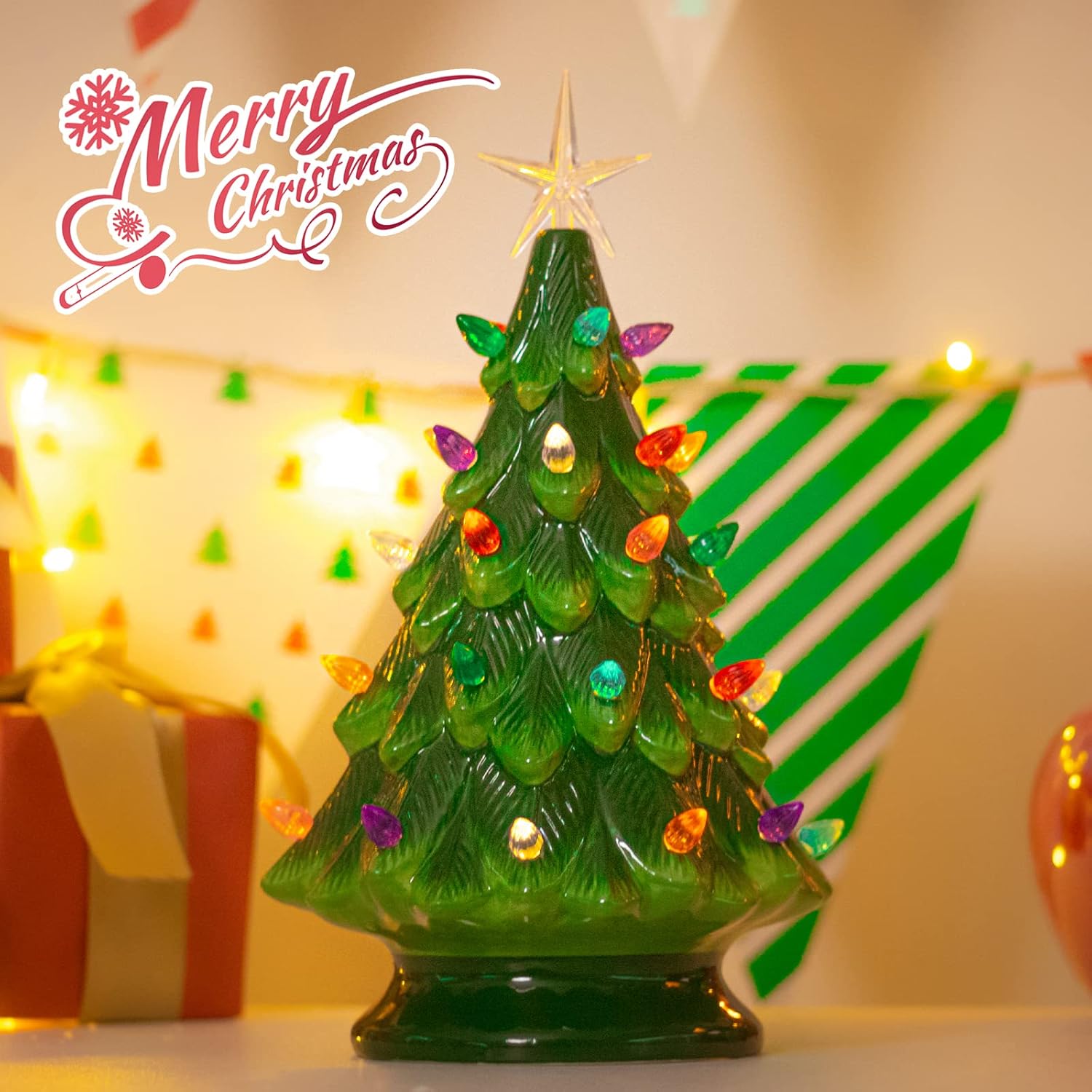 VCUTEKA Small Ceramic Christmas Tree Hand-Painted Vintage Tabletop Green Christmas Tree Holiday Decoration with Multi-Color Lights 12.2 inch - Image 4