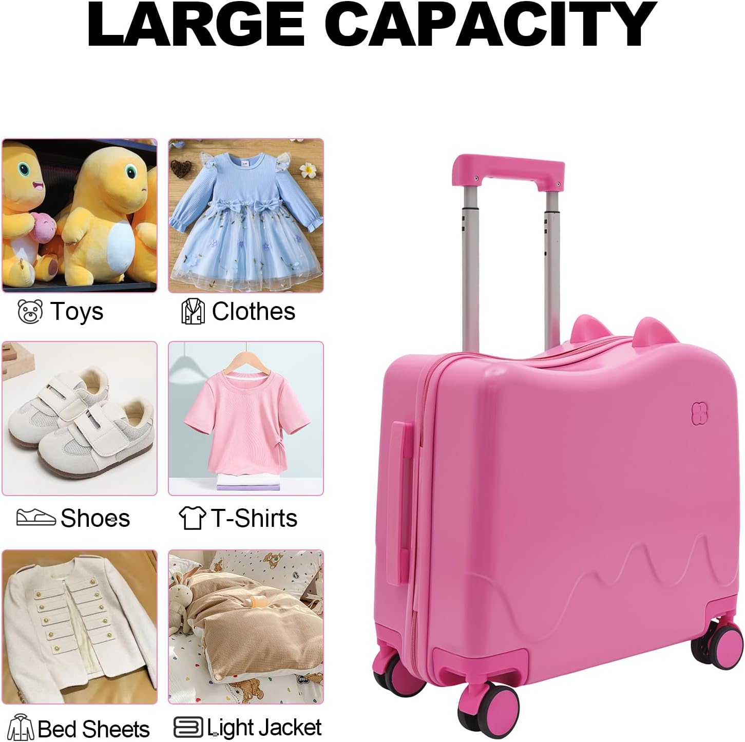 18In Ride on Suitcase for Kids, Kids Ride on Luggage with Spinner Wheels, Carry on Tollder Luggage for Girls, Cute Hardside Suitcase for Short Trips, Study Tours, Outings