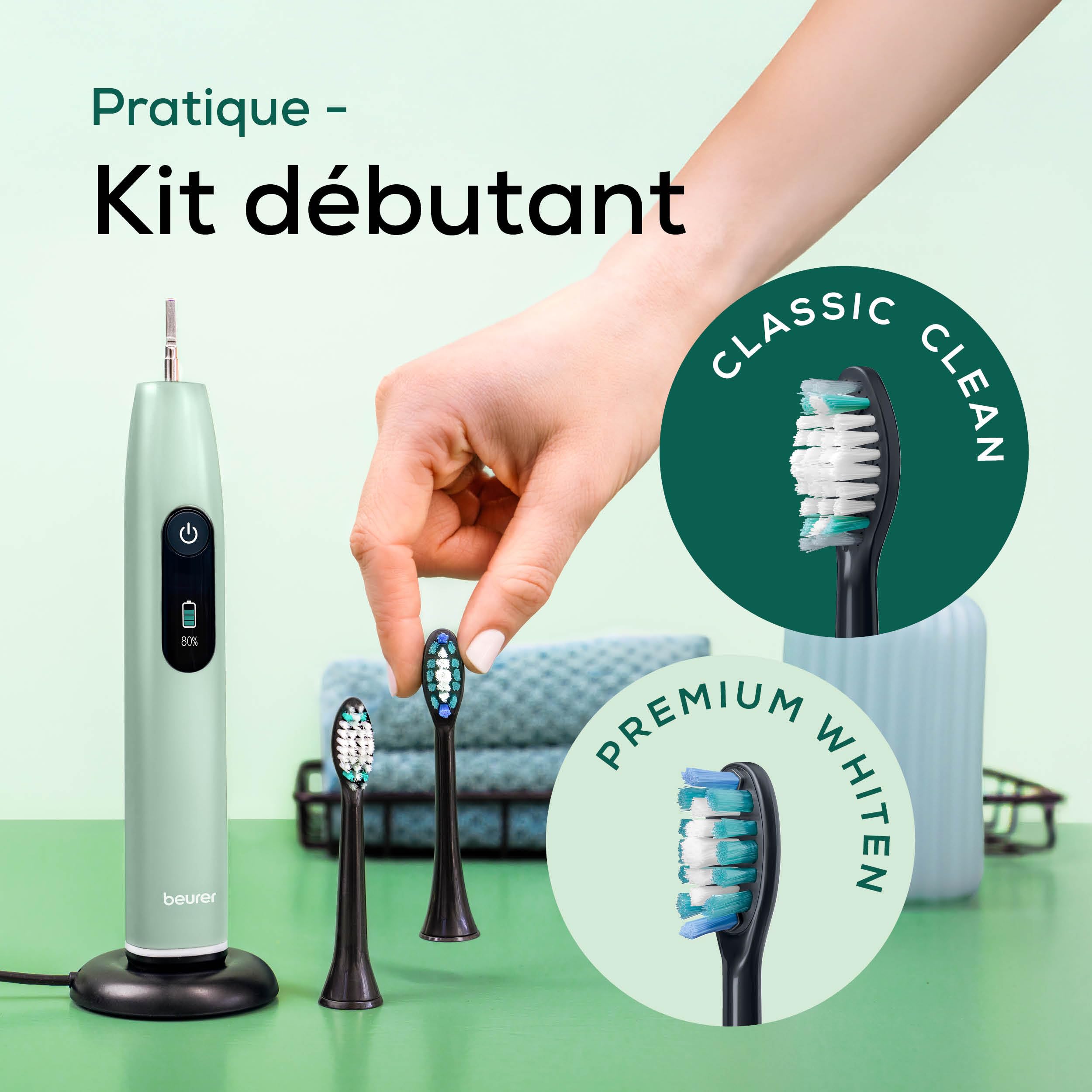 Beurer SC 50 Brosse à dents électrique sonique avec 5 modes de brossage et capteur de pression, 80 000 oscillations, écran avec indicateur de temps de brossage, 2 brossettes, boîtier 100% recyclé