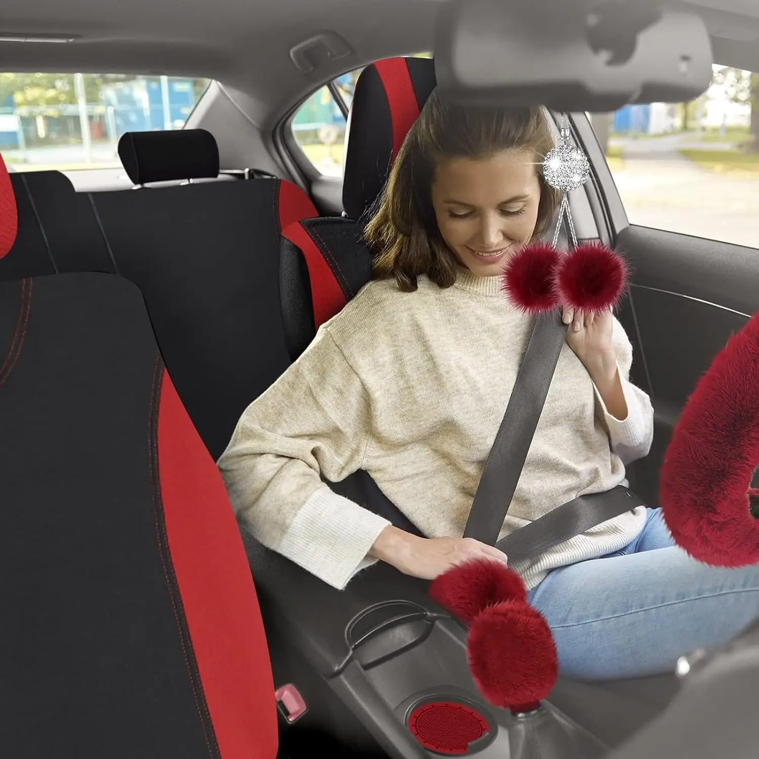 Coprisedili per auto Set di 17 coprisedili per auto, anteriori e posteriori per, coprivolante in peluche, coprifreno a mano in