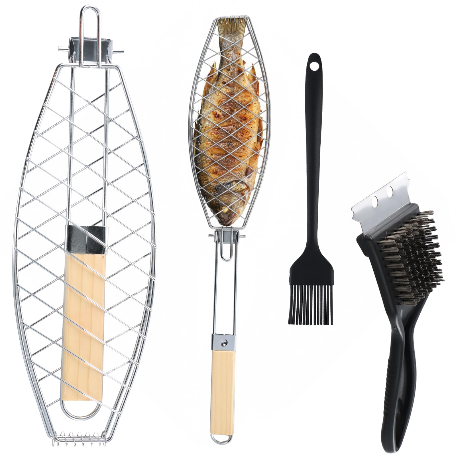 Griglia Barbecue, 35,5x12 cm, Cestello Pesce in Acciaio Inox con Pennello Olio e Spazzola Pulizia, Manico Rimovibile e Pieghevole, Rete Antiaderente, Graticola per Verdure Gamberetti Bistecche Feste