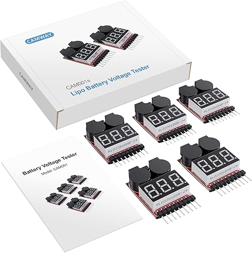 Miniatura 8 de CAMWAY Probador de voltaje de batería Lipo, 5 unidades, 2 en 1, 1-8s, alarma de zumbador de bajo voltaje, probador de monitor de batería para 1-8s