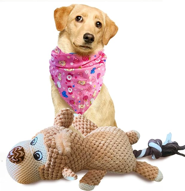 TINGERIA® Plush Dog Toy with Bandana for small & medium Dogs, squeaky Dog Chew Toys for Boredom, tough strong Puppy Teething Toys