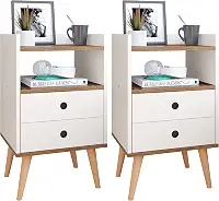 Conjunto Mesa de Cabeceira Kit Mesinha Canto Quarto Lateral Cama 2 Gavetas Organizadoras Retrô Quarto - Dream RPM