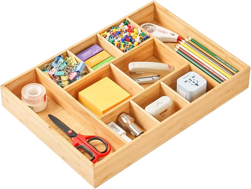 Extra Large Bamboo Desk Drawer Organizer, Wood Junk Organizer Tray with Adjustable Dividers, Anti-Skip Storage Organization in Office Bathroom Drawer for Vanity, Makeup, 17" x 12"