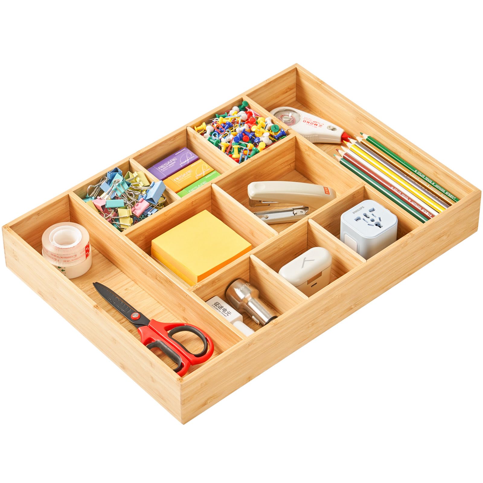 Umilife Extra großer Schreibtisch-Schubladen-Organizer, Bambus-Holz-Organizer-Tablett mit verstellbaren Fächern, Junk-Organizer im Büro, Badezimmer, Schublade, Aufbewahrungsorganisation für