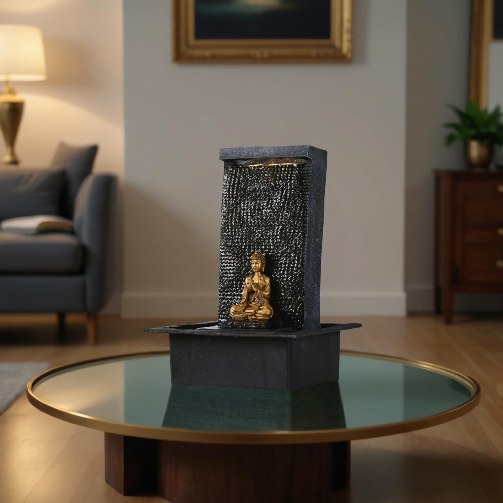 Mur d’Eau Zenitude - Fontaine d’intérieur avec Spot LED Jaune - Grande Fontaine de Table avec Statue Bouddha Amovible - Ambiance Zen pour salon, bureau, chambre - Cadeau Original - H: 40cm - Zen’Light