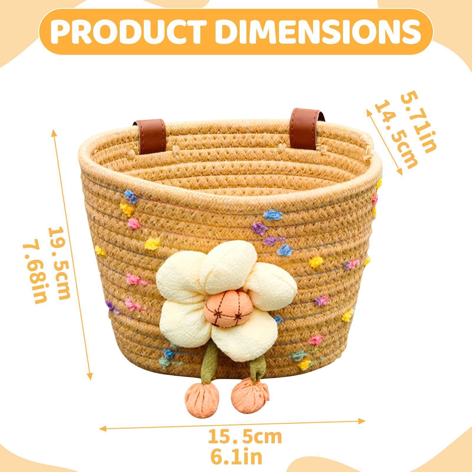 Kids Bicycle Basket - Hand Woven Cotton Rope Plush Flower, Kids Small Bicycle Basket for Scooters, Tricycles, Balance Bikes, Beverages Keys Small Toys Storage Front Handle Use