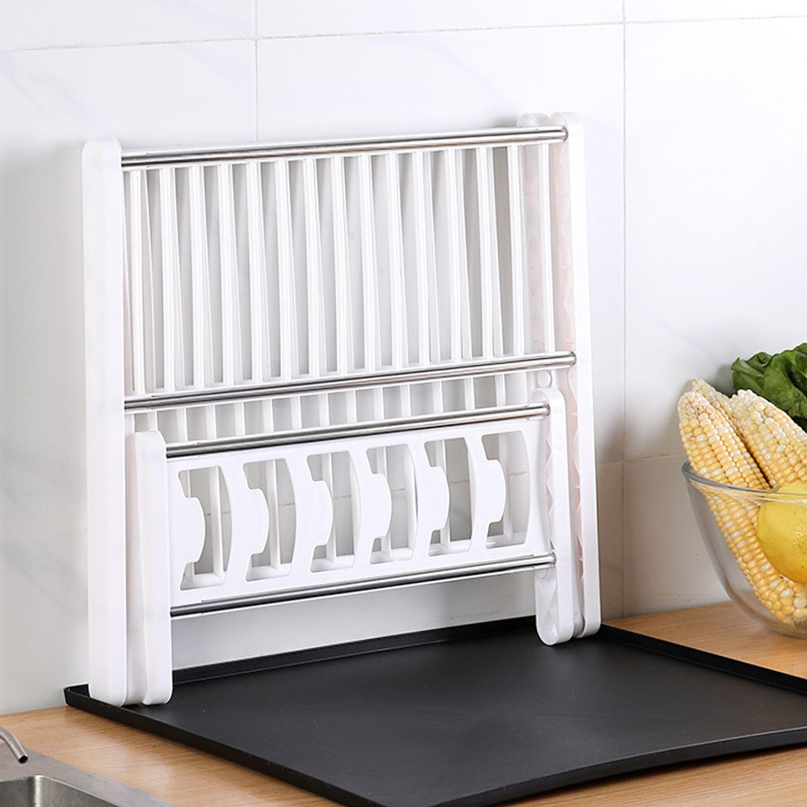 Agatige Abtropfgestell mit Abtropfschale, faltbar, 2 Ebenen, Abtropfgestell, Tellerhalter für Küchenspüle, Arbeitsplatte, Besteck, Teller, Geschirr (White)