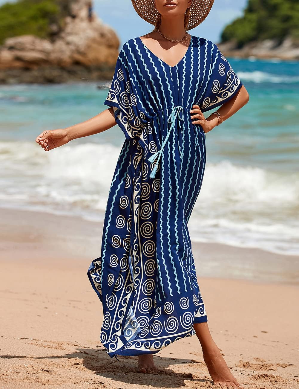 Bsubseach Kaftan Dresses for Women Plus Size Swimsuit Cover Up Long Caftan Dress with Waist Drawstring - Image 2