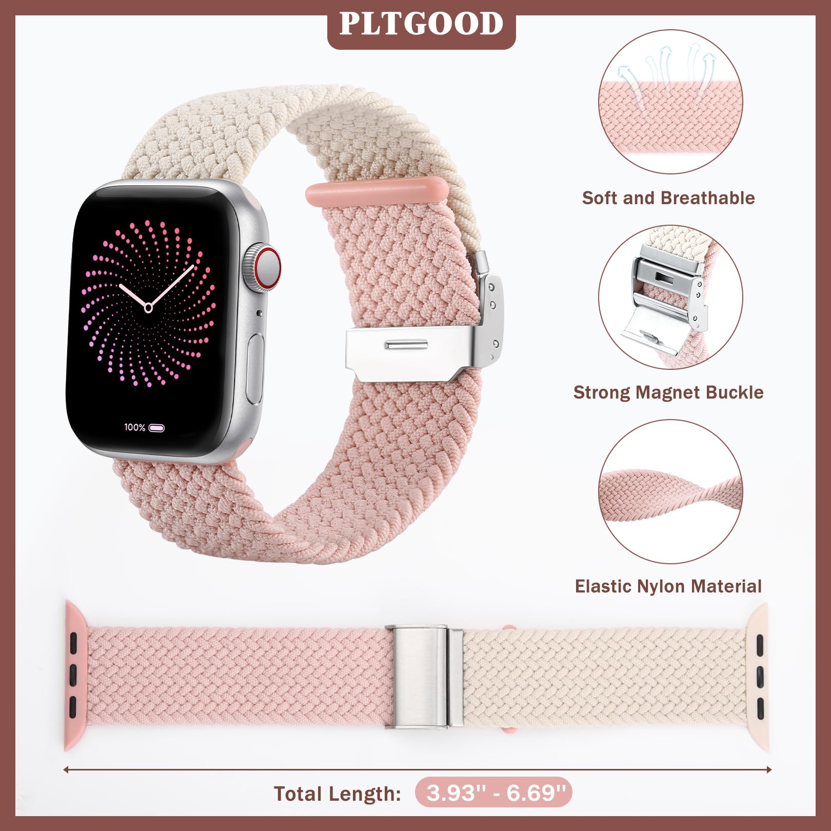 PLTGOOD Braided Solo Loop for Apple Watch Band 38mm 40mm 41mm for Women, Stretchy Nylon Sport Wristband Strap for iWatch Bands Series 8/7/6/5/4/3/2/1SE