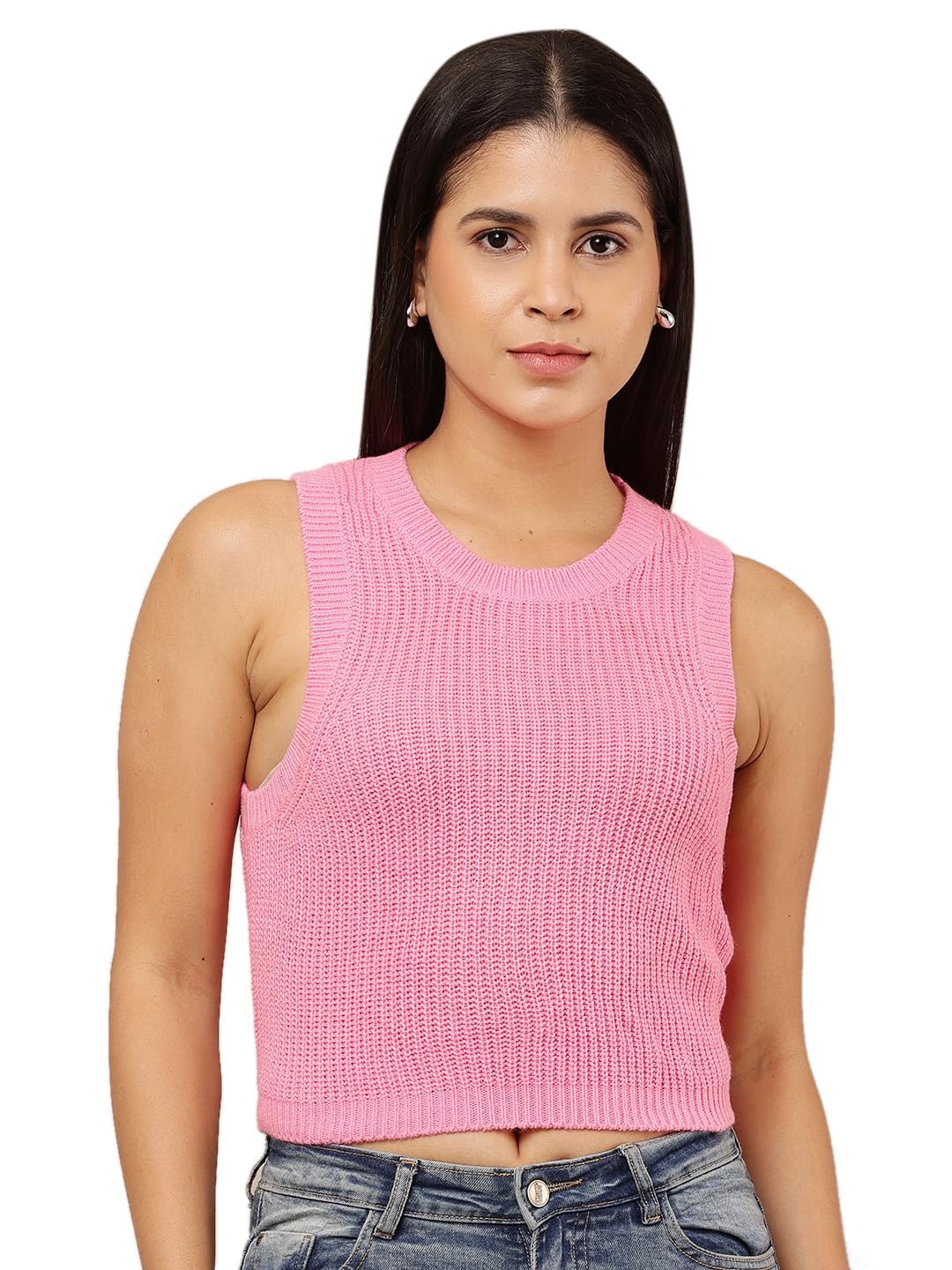 nobarr Women's Acrylic Sleeveless with Round Neck Pink Crop Vest Sweater-picture-19