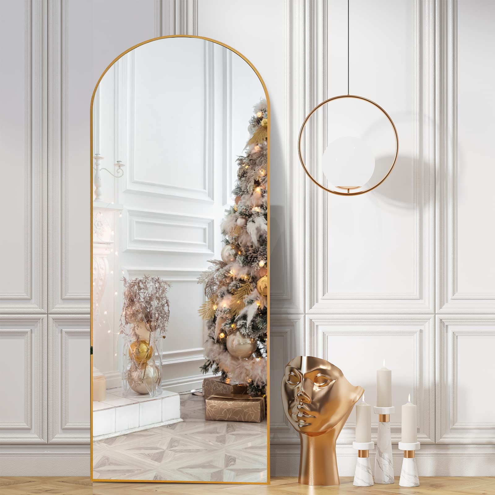 Koonmi 64"x21" Arched Full Length Mirror Standing Hanging or Leaning Wall-Mounted Floor Body Vanity Mirror with Aluminum Alloy Frame for Living Room and Bedroom, Gold