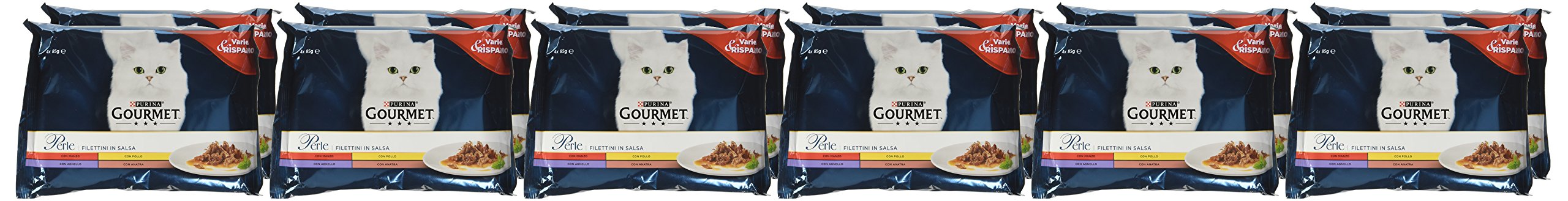 GOURMET Perle Cibo Umido per Gatti Adulti Filettini in Salsa con Agnello, Anatra, Manzo, Pollo 48 Buste da 85g