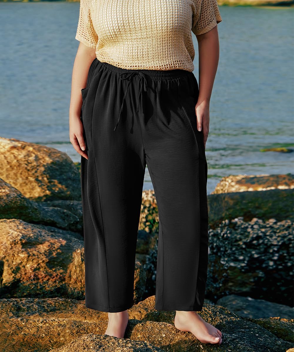 CARCOS Plus Size Pants Womens Summer Palazzo Pants Drawstring Wide Leg Harem Beach Pant with Pockets Vacation Outfits XL-5XL - Image 4