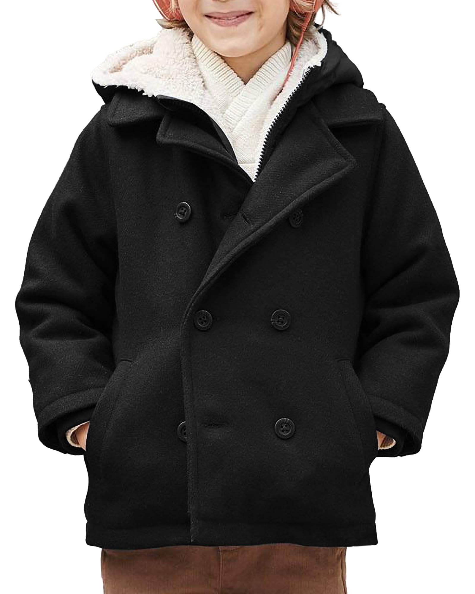 Haloumoning Boys Wool Blend Winter Coat Notched Collar Double Breasted Hooded Pea Coat Warm Outwear